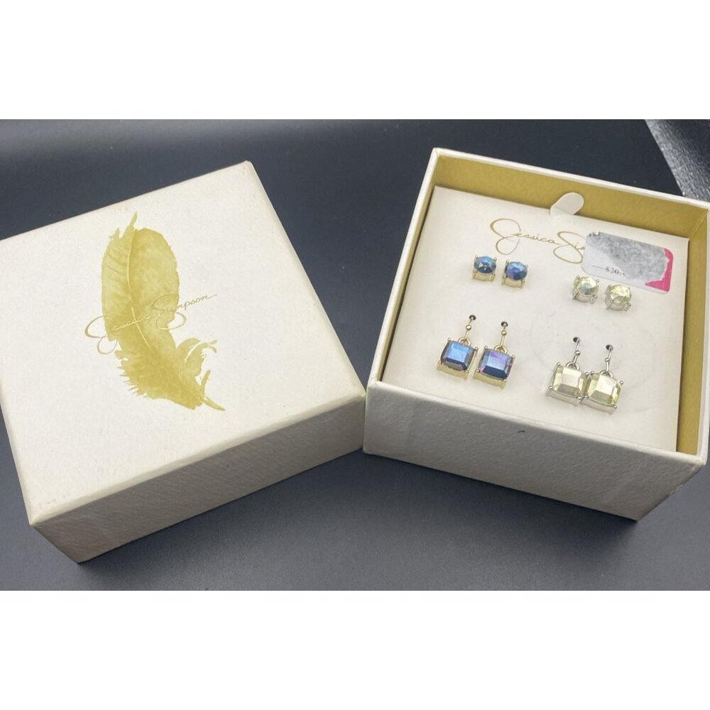 Jessica Simpson Earrings Set of 4 Pair Stud & Dangle AB Blue Clear Original Box